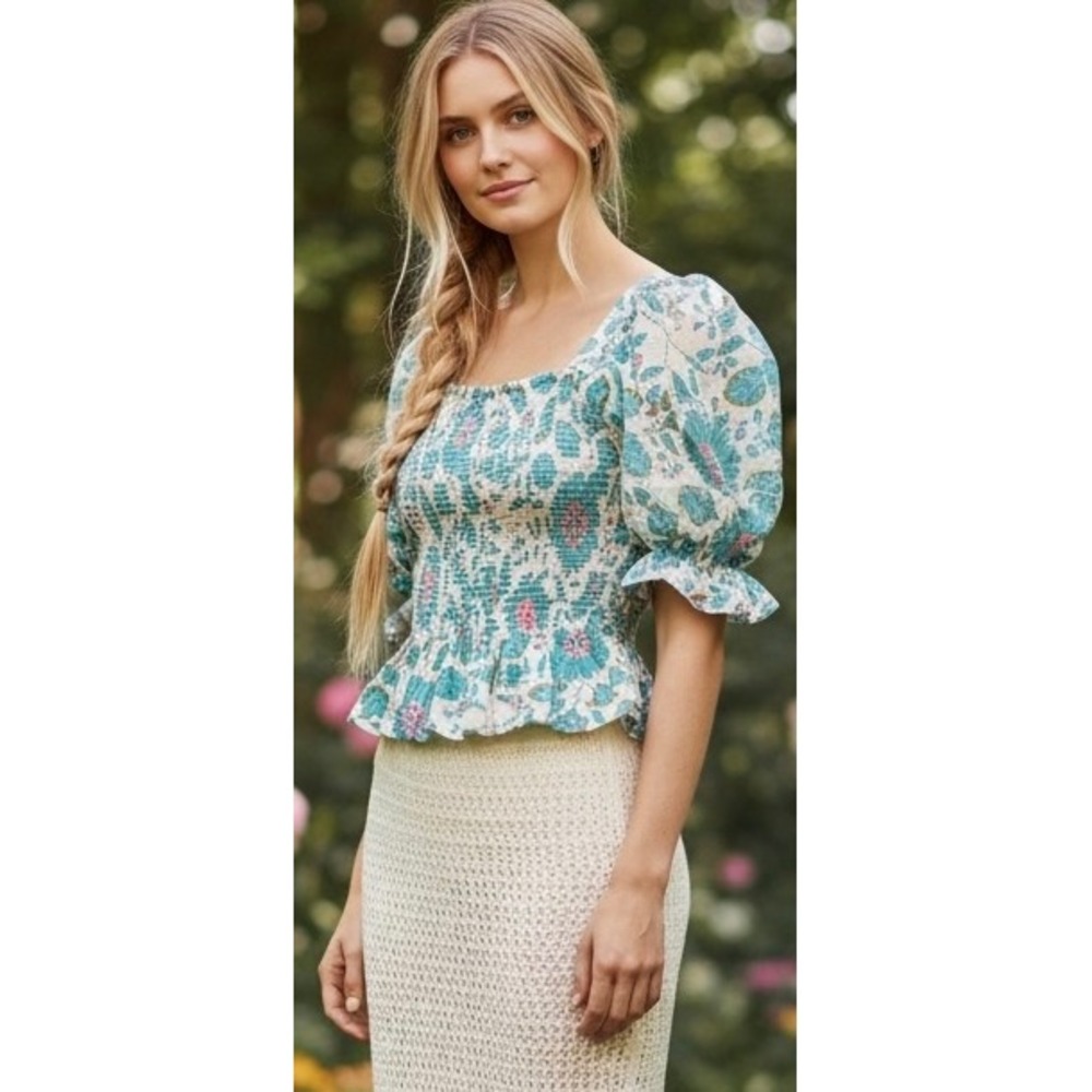 Angie Floral Smocked Peplum Top Puff Sleeve Teal Coral Boho Blouse Womens Medium